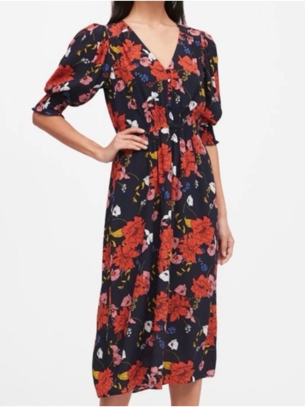 Banana Republic Women's Navy Floral Midi Dress with V-Neck Size 2